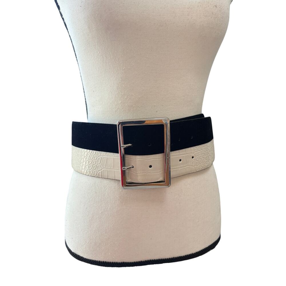 Women's Two-Tone Black White Croc Embossed Statement Belt Wide